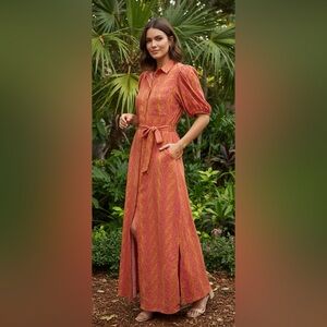 ✨ FRNCH Paris Pink Yellow Abstract Maxi Shirt Dress Belted L